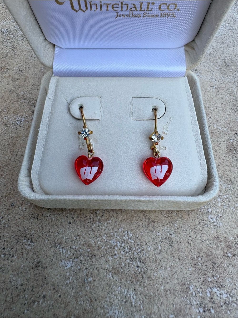 ‘W’ Red Heart Dangle Earrings with Crystal Accent